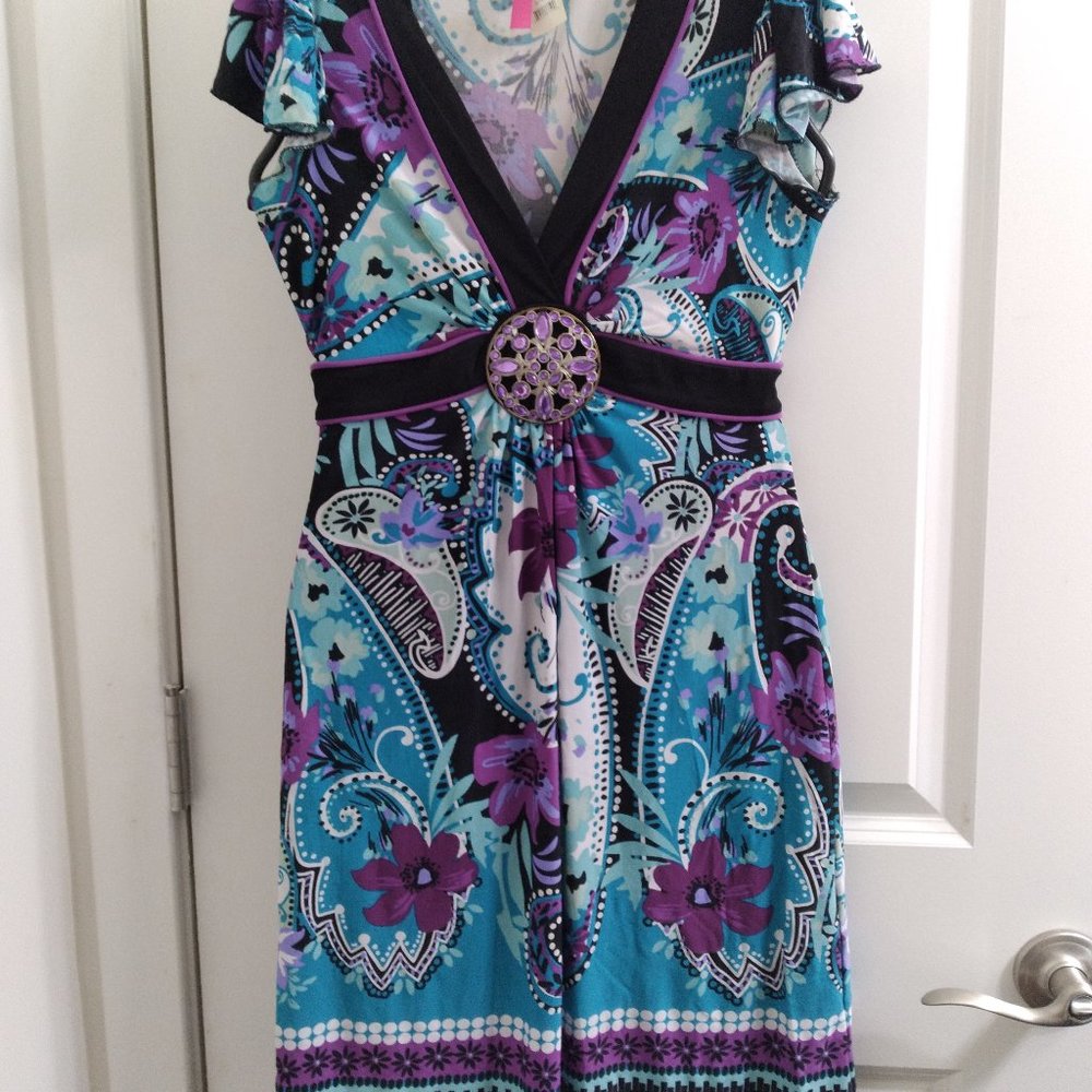 Purple Floral V-Neck Metal Jewel Embellishment Dress